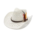 Close-up of white woven cowboy hat with hollow patterns and feather decoration - M (56-58cm) / White