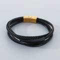 Men's multi-layer woven leather bracelet with golden magnetic clasp and black curved plate - Black and Gold Split Color Buckle Style (KB205351-JR)