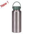 1L stainless steel water bottle with forest green lid and portable handle - Silver F Style-Moss Green Lid