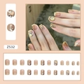 Short square press-on nails set with glitter, marble ink patterns and sparkling rhinestones - Eggshell Giant Diamond (Z532)