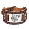 Detail of brown braided leather bracelet with viking wolf totem engraved on metal plate - Brown Leather + Antique Silver