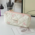 Quilted cream pencil case with pink bow prints and zipper for stationery storage - White with Pink Bow