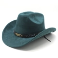 Detail of teal faux suede cowboy hat featuring black leather band and blue embroidery - M (56-58cm) / Peacock Green (Suede)