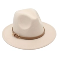 Detail of off-white wool fedora hat featuring a brown leather band and gold metal buckle - M (56-58cm) / Beige (Heart Buckle Belt)