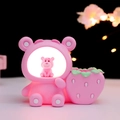Pink bear desk organizer with star light and strawberry storage cup for kids room - Strawberry Bear (2104-42 Pink Bear)