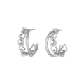 Silver double-layered C-shaped earrings with Cuban chain elements and five clear crystals - C-Shape Cuban Zirconia Hoop (E304048) - Steel White