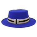 Classic royal blue flat top wool felt boater hat with striped ribbon and bow accent - One Size 58cm Circumference / Sapphire Blue