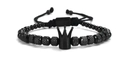 Men's crown beaded bracelet with black beads and adjustable woven cord strap - Black 6MM Pineapple Beads
