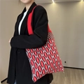 Bolso tote de punto rojo de gran capacidad con patrón geométrico de diamantes para uso diario - Diamante Rojo Arroz