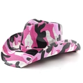 Detailed view of pink camouflage weave on a wide brim Western cowboy hat with curled edges - M (56-58cm) / Pink Camouflage Sunshade Style (06)