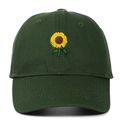 Detailed close-up of yellow sunflower embroidery on dark green twill cotton baseball cap - Army Green