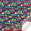Festive blue Christmas wrapping paper roll with snowmen, trees and holiday greetings - Blue Snowman Festive Fun