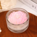 Pink rose flower scented candle in a vintage embossed glass jar on a wooden tray - Pink Handmade Flower Shape