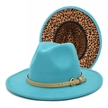 Detail of wool felt fedora with turquoise crown and stylish leopard print brim lining - M(56-58cm) / Lake Blue