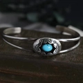 Bohemian vintage open cuff bracelet with oval turquoise stone in silver finish - Hollow Blue Turquoise