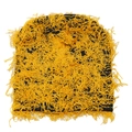 Detail view of yellow and black shaggy distressed tassel beanie with textured knit pattern - Yellow
