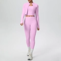 Three-piece pink yoga set with zip jacket, racerback tank, and high-waisted leggings - Sakura Pink