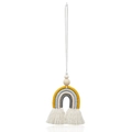 Handwoven rainbow car charm with yellow, blue, grey cotton cords and wooden bead - Yellow Rainbow