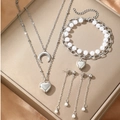 Parure bijoux argentée avec collier perle cœur lune bracelet et boucles d'oreilles - Silver (F316)