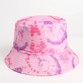 Close-up of pink and purple tie-dye bucket hat fabric with reinforced stitching detail - Pink Purple