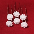 Set of 3 white flower bridal hair pins with pearls and rhinestones on red fabric - Minimalist Fresh White Flower Style (HS-J6468) / 6Pcs/Set / Silver