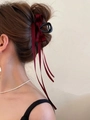Eleganter weinroter Satin-Haarclip mit Schleife und langen Bändern für Damenfrisuren - Rot