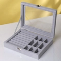 Gray velvet 24-slot jewelry box with glass lid and metal clasp for rings and earrings - 2-in-1 Style / Gray