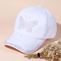White baseball cap with crystal butterfly design and rhinestone brim for summer fashion - One Size / White
