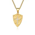 Collana con ciondolo a scudo dorato vintage con trama a corteccia e croce d'argento - Ciondolo con Catena di Perle / Oro