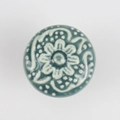 Floral relief ceramic cabinet knob in vintage sage green and off-white finish - Flat Pad / Green