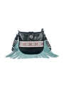 Borsa a tracolla nera bohémien in pelle con frange verde menta e tracolla etnica - Verde