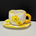 Irregular handmade ceramic coffee cup and saucer set with yellow tulip flower pattern - 250ML / Yellow Floral