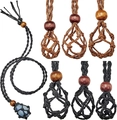 Detailed view of handmade woven black and brown cord necklace nets with wooden beads - Large Holder (35-50mm) / Brown