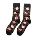Detail of black crew socks featuring yellow stripes and colorful sushi patterns - One Size / Black Yellow Stripe Sushi (A1606)
