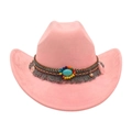 Rosa Western Cowboyhut mit Türkis-Verzierung und grauen Fransen am geflochtenen Band - Einheitsgröße / Altrosa