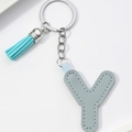 Detail of grey PU leather letter Y keychain with blue tassel and silver metal keyring - Grey Blue-Letter Y