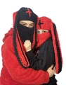 Passamontagna fatto a mano con orecchie di coniglio in maglia rossa e nera per l'inverno - Nero Orecchie Rosse
