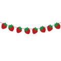 Sparkling red strawberry birthday banner with green leaves for party decoration - Strawberry Banner