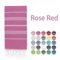 Detailed view of rose red Turkish towel with white stripes and fringe with color options - Rose Red