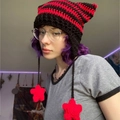 Red and black striped knit cat ear hat with devil horns and star pendants - Adult 56-59cm / Red and Black Stripes