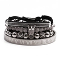 Detail of men's crown zircon charm with Roman numeral engraved metal ring on braided bracelet - Crown and Roman Numerals Bracelet Combination (Style 2) / White Gold