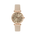 Women's rose gold quartz watch with champagne dial and beige leather band in white background - Off-White Leather Strap