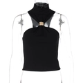 Detail of the high-neck halter top featuring a gold metal ring buckle and black knit texture - S / Black