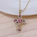 Luxurious gold cross necklace featuring a large pink stone and colorful zircons - Necklace / Gold Multicolor Zirconia