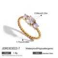 Three-stone golden stainless steel ring with white zircons and a twisted rope band design - US 6 / Three Stone Twisted Rope Band Style (JDR0303023)
