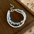 Double-layer beaded bracelet featuring light blue stones, white pearls and silver clasp - Double Layer Irregular Stones and Pearl (70#) / Green & Pink