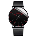 Minimalist black mesh strap men's watch with red indices and GENEVA logo detail - Red Hands Black Case Black Mesh Band