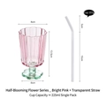 Calice rosa scanalato con stelo a fiore verde e cannuccia in vetro, capacità 225ml - Rosa Chiaro (con cannuccia in vetro)