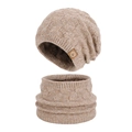 Ensemble bonnet en tricot beige et tour de cou avec doublure polaire et patch logo - Ensemble deux pièces / Kaki Mélangé