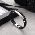 Men's multi-layer black woven leather bracelet with brushed silver metal plate - Silver Metal Plate
